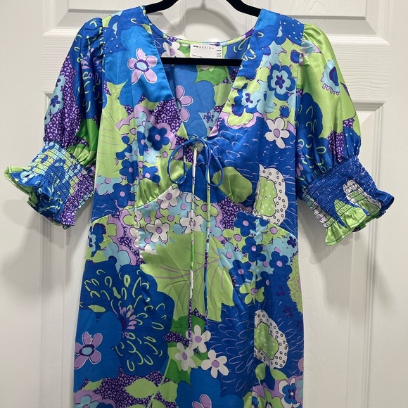 ASOS | Petite Satin Midi Tea Dress 8P Blue Green Abstract Floral Print - Picture 6 of 15